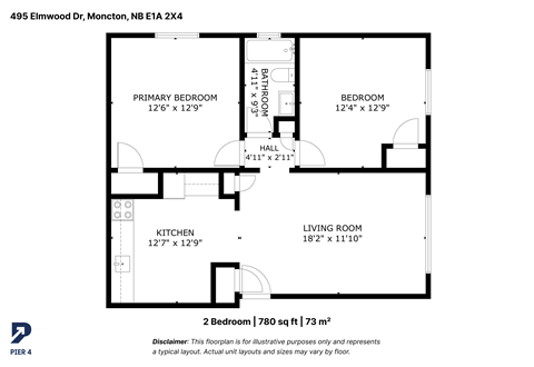 Floor plan for 2 beds, 1 bath